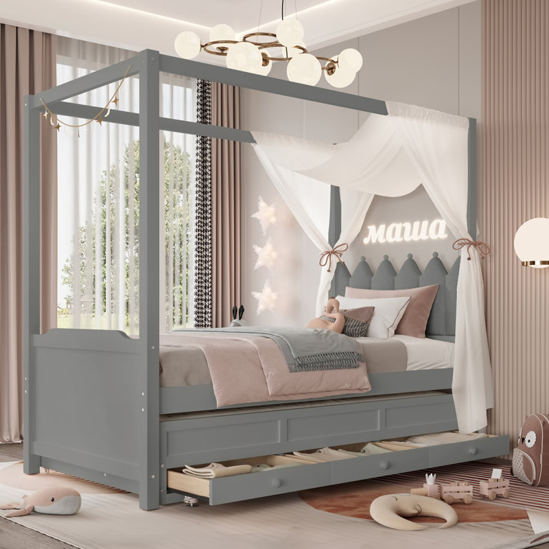 Riviera Princess Canopy Platform Bed with Upholstered Headboard, Trundle & 3 Drawers, Gray, Twin