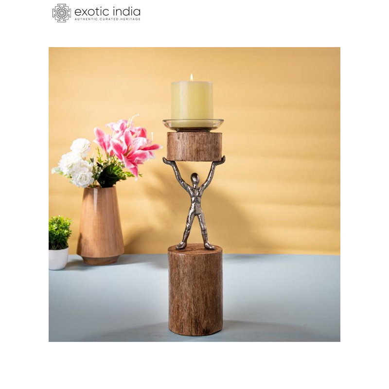 15.2'' H Aluminum & Wood Candle Holder
