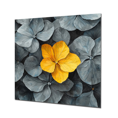 Pétales d'hortensia gris avec décor jaune II - hydrangées, impression murale en métal