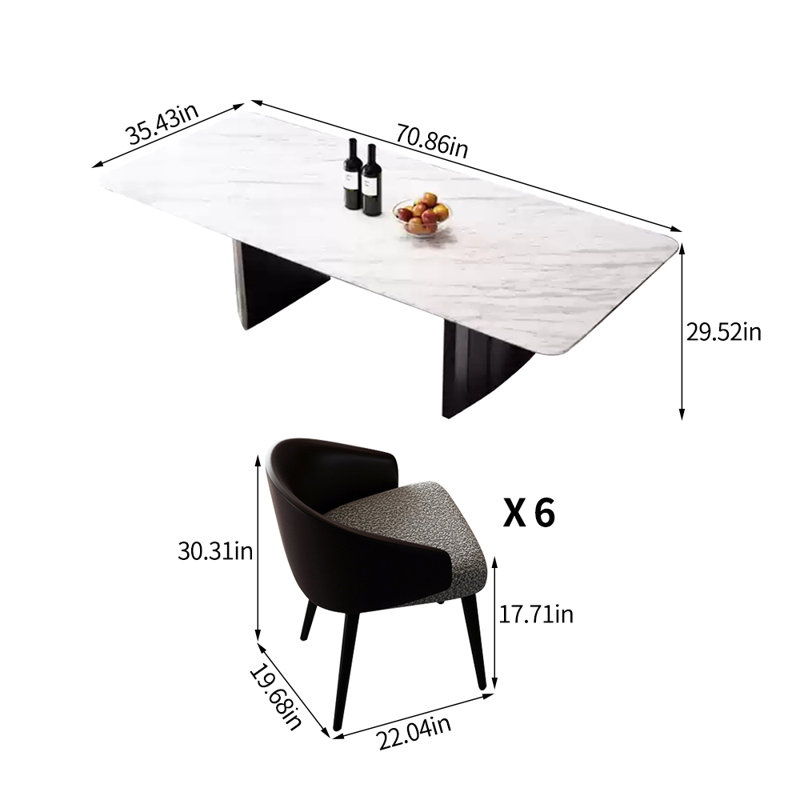Rectangular luxury simple marble dining table set, 29.52"H x 70.86"L x 35.43"W