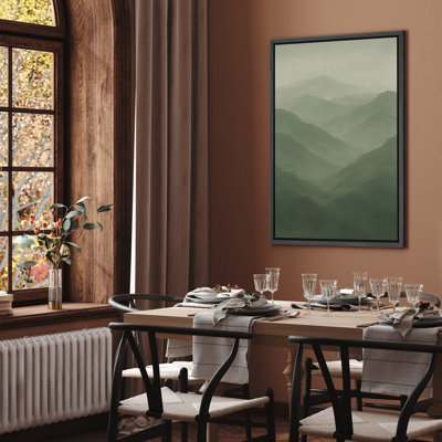 Soft Green Mountain Landscape Framed Canvas Wall Art - Abstract Misty Mountain Range Painting Print, Modern Art Print for Living Room, Bedroom, or Office Decor