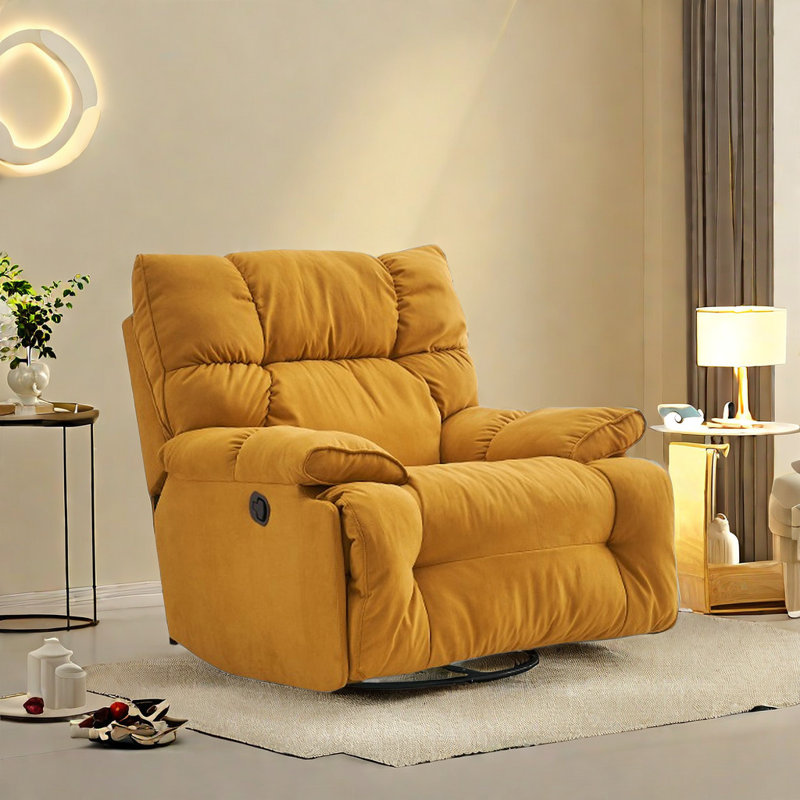 Suede Recliner With 360° Swivel And Plush Filling Swivel Recliner, Yellow Suede Fabric