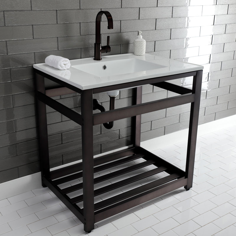 Kingston Brass Quadras 31-Inch Ceramic Console Sink with Steel Base and Shelf, White/Oil Rubbed Bronze, Single