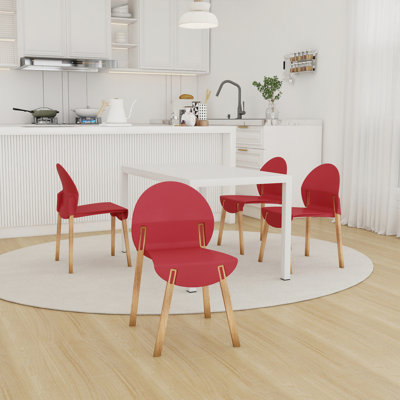 Modern 5-piece Dining Set – Crimson Red Chairs With Red Oak Legs & White Pp Table – Ergonomic Design For Kitchen, Patio, Or Office