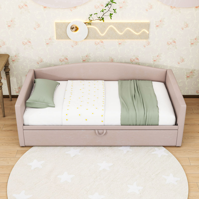 Twin Upholstered Daybed with Pop-Up Trundle, Pink