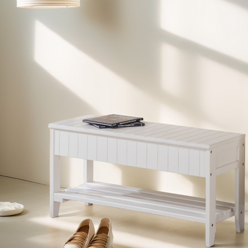White Finish Solid Wood Shoe Bench With Efficient Storage Option In - Modern Solution, White