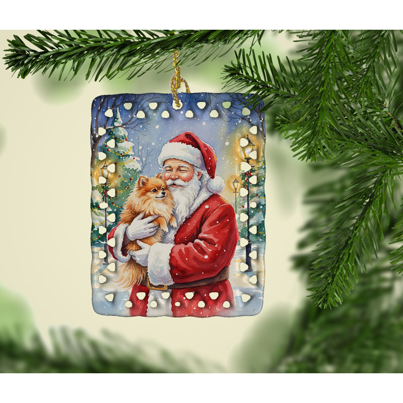 Ornement en porcelaine de Poméran avec le Père Noël, Loulou de Poméranie
