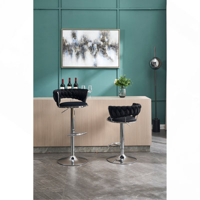 Set of 2 Adjustable Height Bar Stools with Chrome Footrest, Swivel Base, and Velvet Upholstery for Comfort and Style