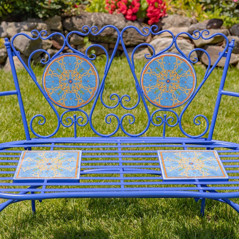 Banc en mosaïque Naples bleu sarcelle et doré avec cadre en fer