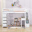 Lit mezzanine simple avec bureau intégré, tablettes, escaliers de rangement et tiroirs multiples-649231882