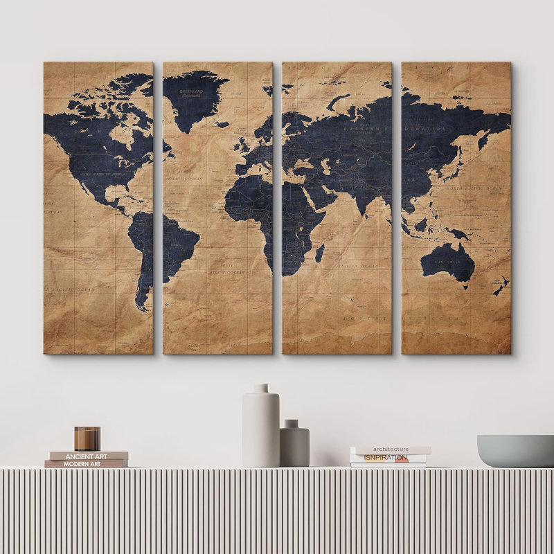 Carte du monde bleue, cartes brunes sur toile, 4 pièces
