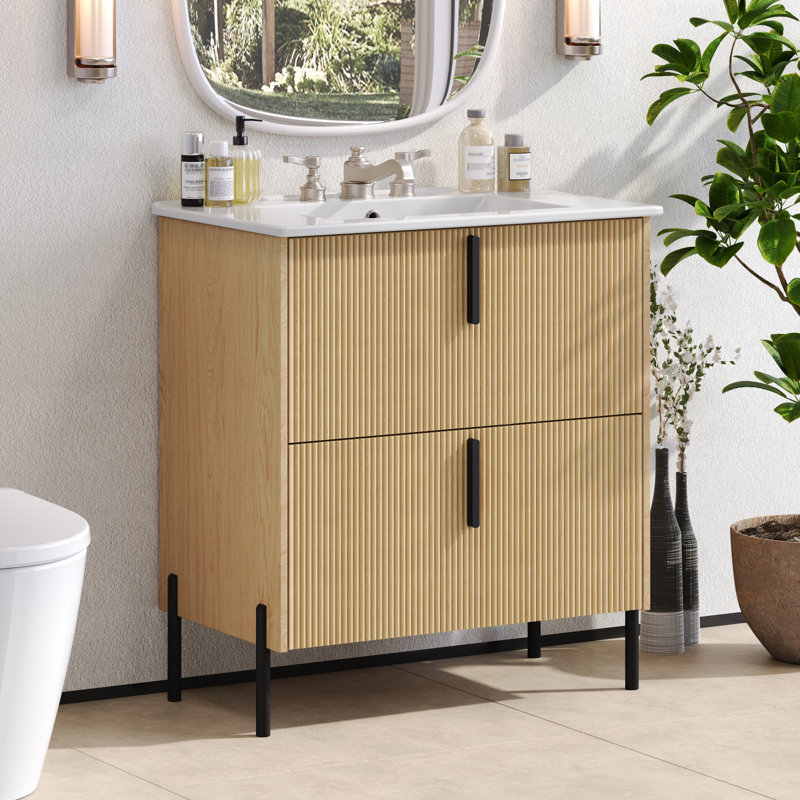 Meuble-lavabo 30 po avec lavabo, conception cannelée, tiroirs pleine extension, fermeture en douceur, Brun