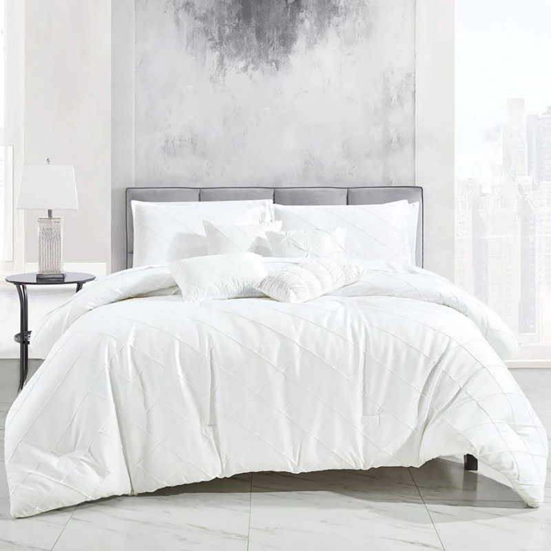 7 Piece White Textured Geometric Boho Soft Bedding Comforter Set, Queen Comforter + 6 Additional Pieces Included