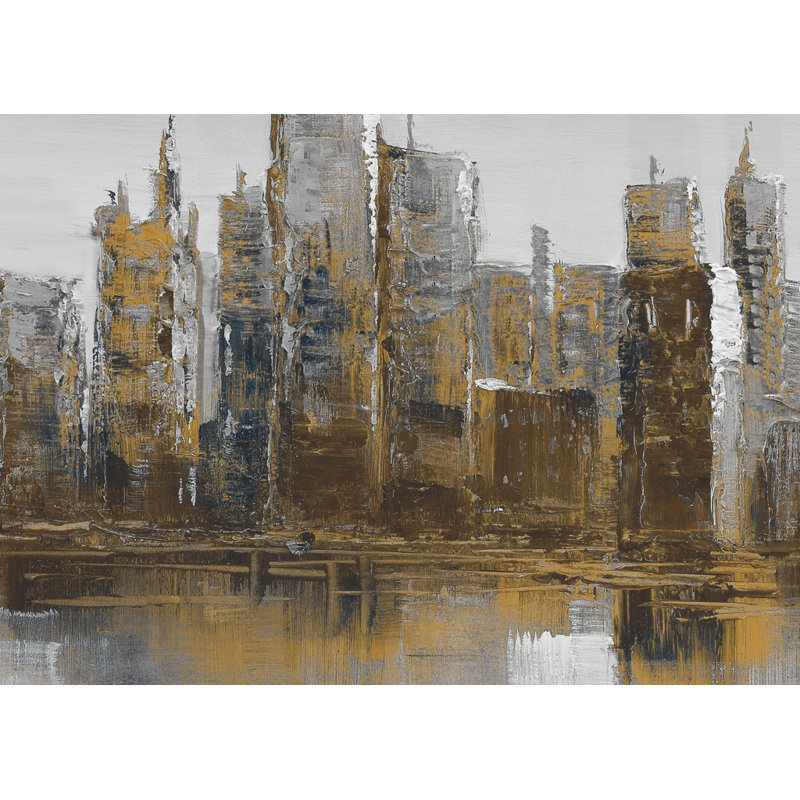 Paysage urbain gris et jaune - formes encadrées, décor de toile brune