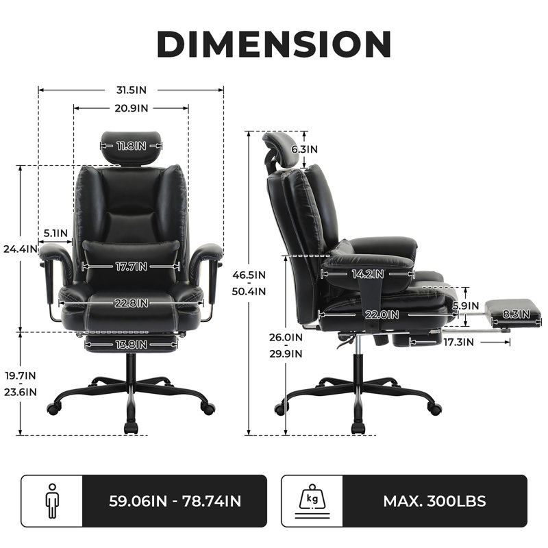 Chaise de bureau ergonomique en similicuir 200 kg avec support lombaire et dossier haut, Noir