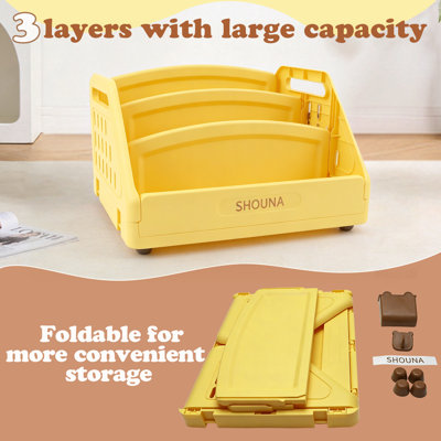Organisateur de bureau en plastique jaune à 3 niveaux avec conception pliable, grande capacité - comprend un panier de suspension et des crochets pour les livres, les fournitures scolaires et le rangement pour enfants