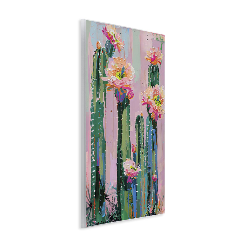 Plaque murale vibrante de fleurs de cactus sur rose, design par LSR Design Studio, H 15 po x l 10 po