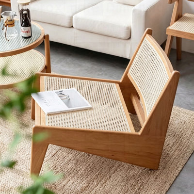 Modern Mid Century Accent Chair, Rattan Lounge Chair for Living Room, Boho Side Corner Comfy Wood Chair for Bedroom and Balcony