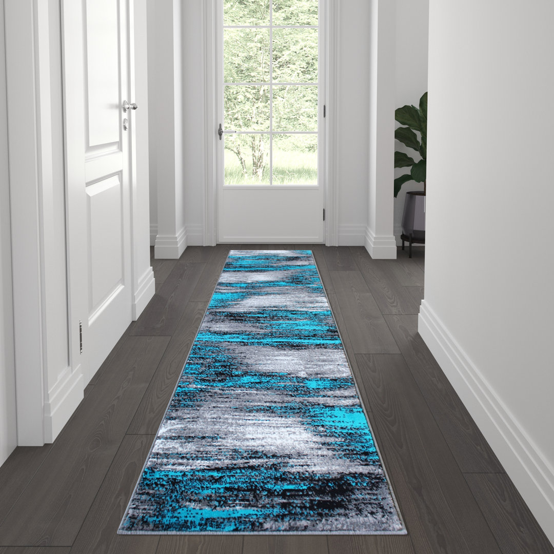 Guelph Turquoise and Gray Abstract Style Scraped Pattern Accent Area Rug 17 Stories Rug 