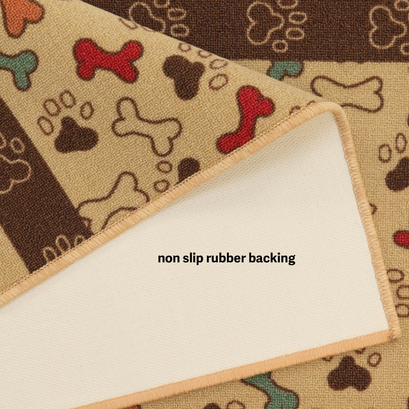Custom Size Anti-Slip Low Profile Loop Pile Pet Paw and Bone Beige Animal Design Runner Rug, Rectangle 2'8" x 5'