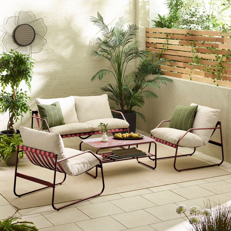 Spyros 4 Seater Metal Garden Lounge Sofa Seating Set With Table - Retro Vintage Stylish Patio, Red