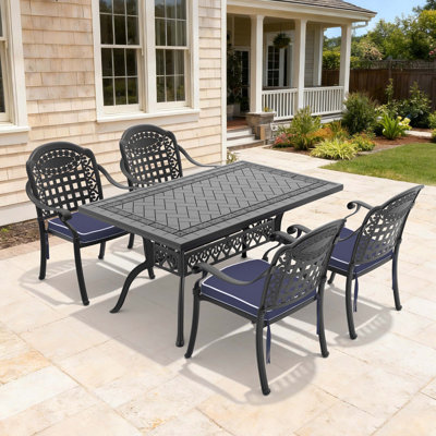 5-Piece Cast Aluminum Patio Furniture Set With Black Frame And Blue Seat Cushions