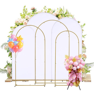 Ensemble de support et de housse de mariage avec arche de mariage (7,2 pi, 6,6 pi, 5,9 pi), 3 supports d'arche en métal doré avec 3 couvercles en arche en spandex blanc pour les fêtes, les anniversaires, les fêtes de naissance, les noces, les banquets et les fêtes
