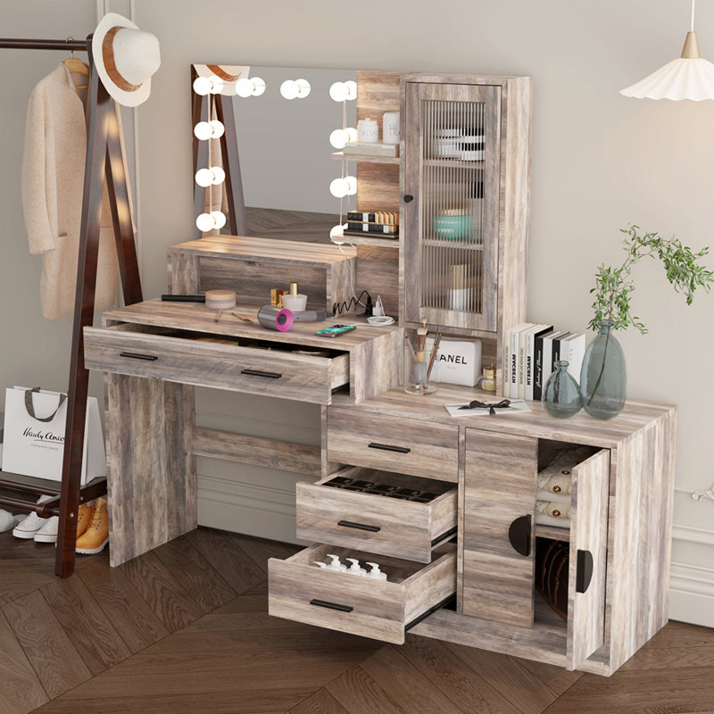 Coiffeuse de maquillage avec lumières, station de charge et miroir, Gris, Noir, noir, noir, noir
