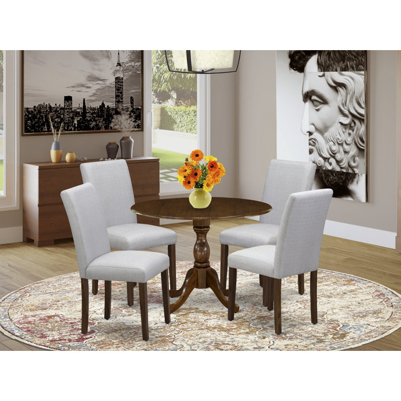 5 Piece Kitchen Table Set Contains a Drop Leaves Wooden Table and 4 Grey Linen Fabric Parson Dining Chairs with High Back - Acacia Walnut Finish