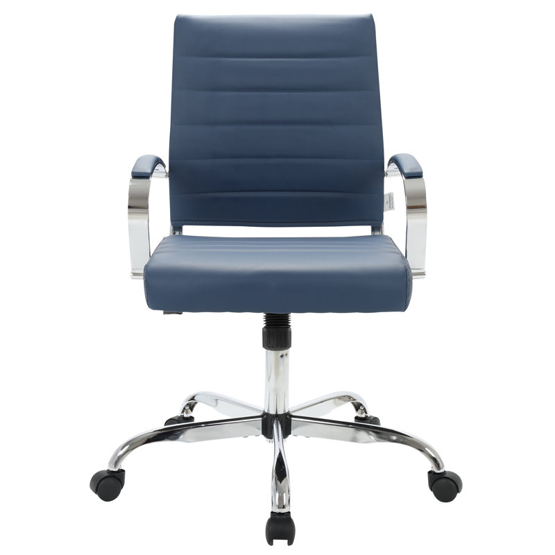Mulkey Ribbed Vegan Leather Mid-Back Office Chair, Mid-Century Ergonomic Executive Chair, Blue