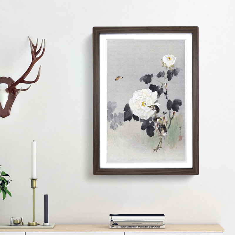 Young Bird and Butterfly by the Roses by Watanabe Seitei - Framed Print, 87cm H x 62cm W x 2cm D, Walnut Framed
