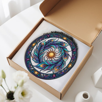 Peacock Sunburst Stained Glass Window Panel，12"H
