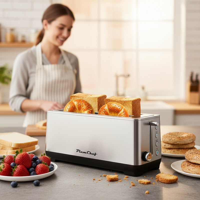Grille-pain à 4 tranches en acier inoxydable avec fentes extra larges pour les bagels et le pain épais, avec grille de réchaud et fonctions de dégivrage / réchauffage