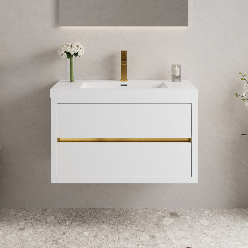 Meuble-lavabo mural avec lavabo, Blanc lustré, 35"