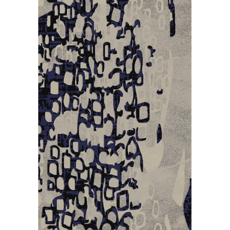 Tapis abstrait fait à la main bleu marine / ivoire, Rectangle 8 pi x 11 pi