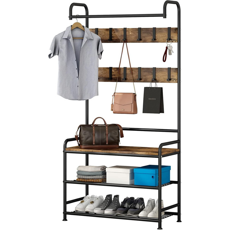 3-In-1 Hall Tree Coat Rack With Shoe Bench And Storage, Heavy-Duty MDF And Metal Frame Entryway Organizer, Industrial Style Furniture, Rustic Black