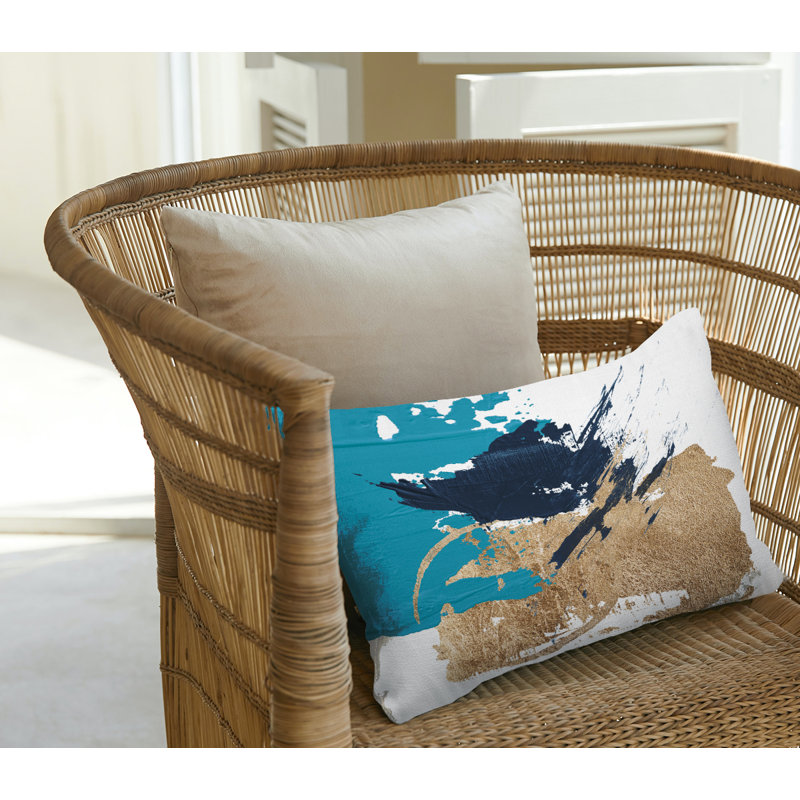 Coussin lombaire abstrait intérieur / extérieur, Turquoise / or / blanc