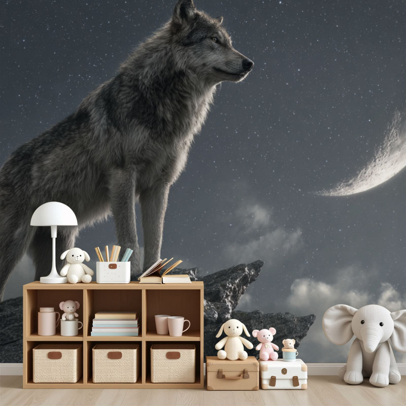Peel and Stick Wallpaper Self-Adhesive Wall Mural Powerful Wolf Jagged Outcrop Amid Cloudy Starry Sky Wall Murals 69"H x 96"W Wall Decor for Bedroom Home Office