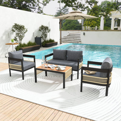 4-Piece Multi-Person Outdoor Iron Sofa Set,Patio Conversation Set With Coffee Table, Rattan Decoration, Wood-Plastic Tabletop And Grey Cushions,Waterproof, Rust-Proof, Suitable For Garden, Lawn Use