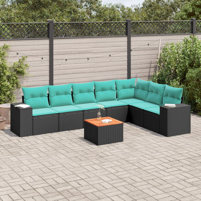 Ensemble de canapé de patio 8 pièces avec coussins en rotin de polyester, Bleu clair, Noir