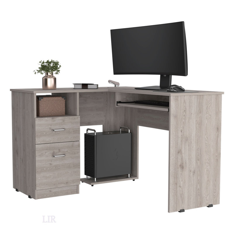Bureau d'ordinateur en L gris clair avec 2 tiroirs et 1 tablette pour un espace de travail et un rangement améliorés
