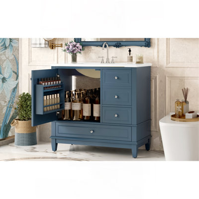 36" Bathroom Vanity With Ceramic Sink, MDF & Solid Wood Base, 3 Drawers & Cabinet With Shelves, Blue Gray Painted Finish, Freestanding Vanity Cabinet With 4-Inch Faucet Holes