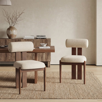 Mid-Century Modern Wooden Dining Chairs, Upholstered Fabric with Sculptural Backrest & Solid Wood Legs
