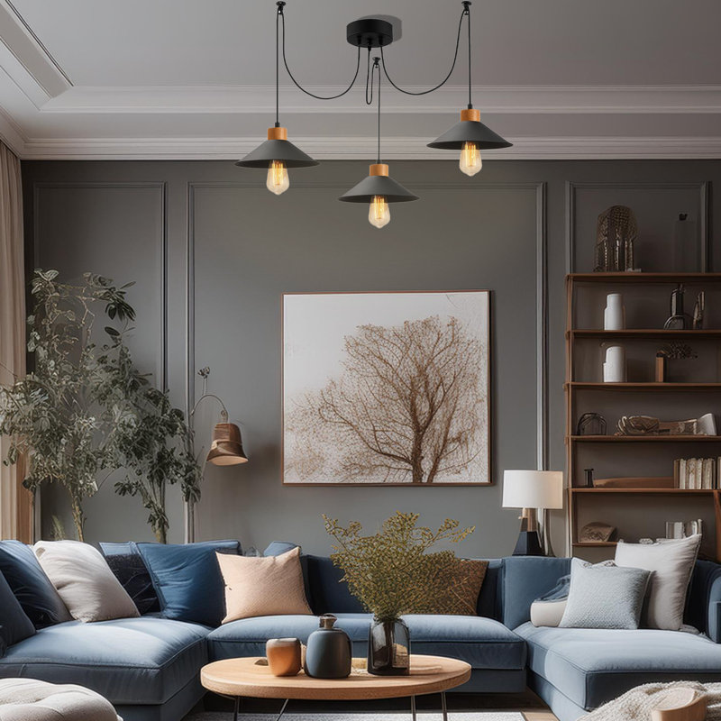 Modern Industrial Chandelier, Black Metal Body with Wooden Base, 44.9 in Diameter x 39.4 in Height | Adjustable Height, 3 x E27 Socket (Max 40W) | Elegant Scandinavian Design for Home & Office Lighting