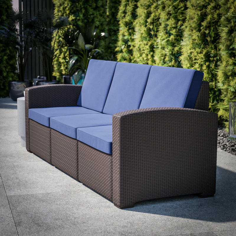 Alderman Faux Rattan Sofa with All-Weather Cushions, Brown/Navy