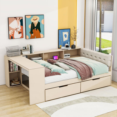 Lit de jour avec tête de lit tapissier, bureau intégré, tiroirs, tablettes et station de charge