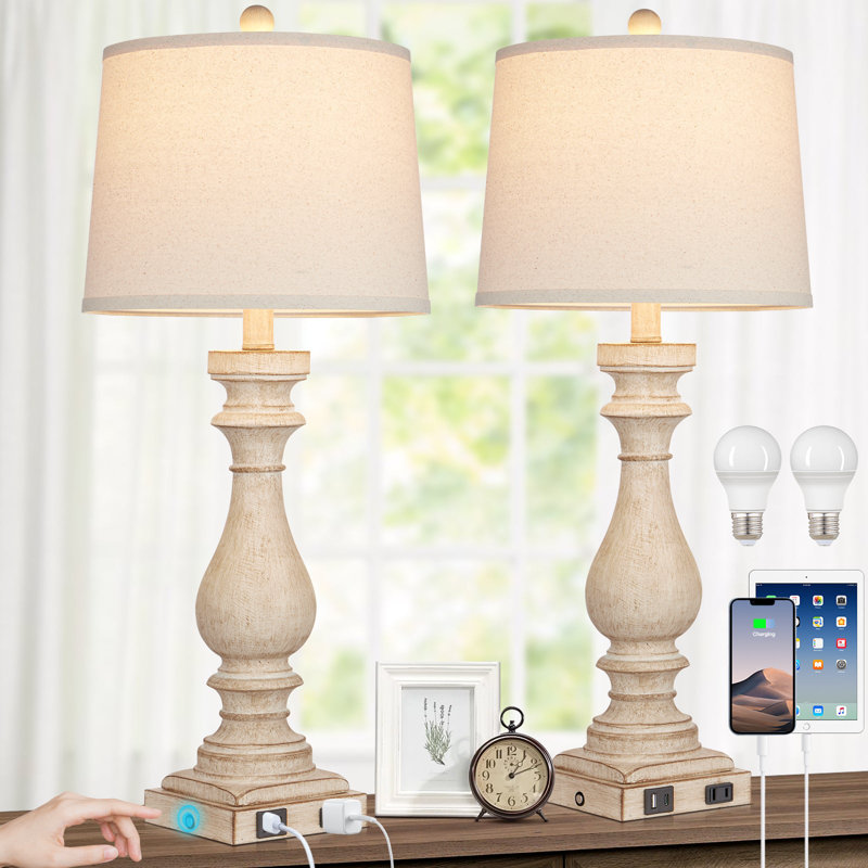 Geigle 29" Farmhouse Dimmable Bedside Table Lamp Set with 3-Way Touch Dimming, USB-A, USB-C & AC Outlet, LED Bulbs Included