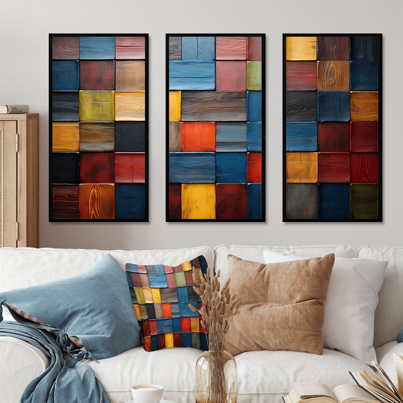 Carreaux colorés de couleurs terreuses V - mosaïque boho, H 28 po x l 36 po x P 1 po, Cadre flottant noir
