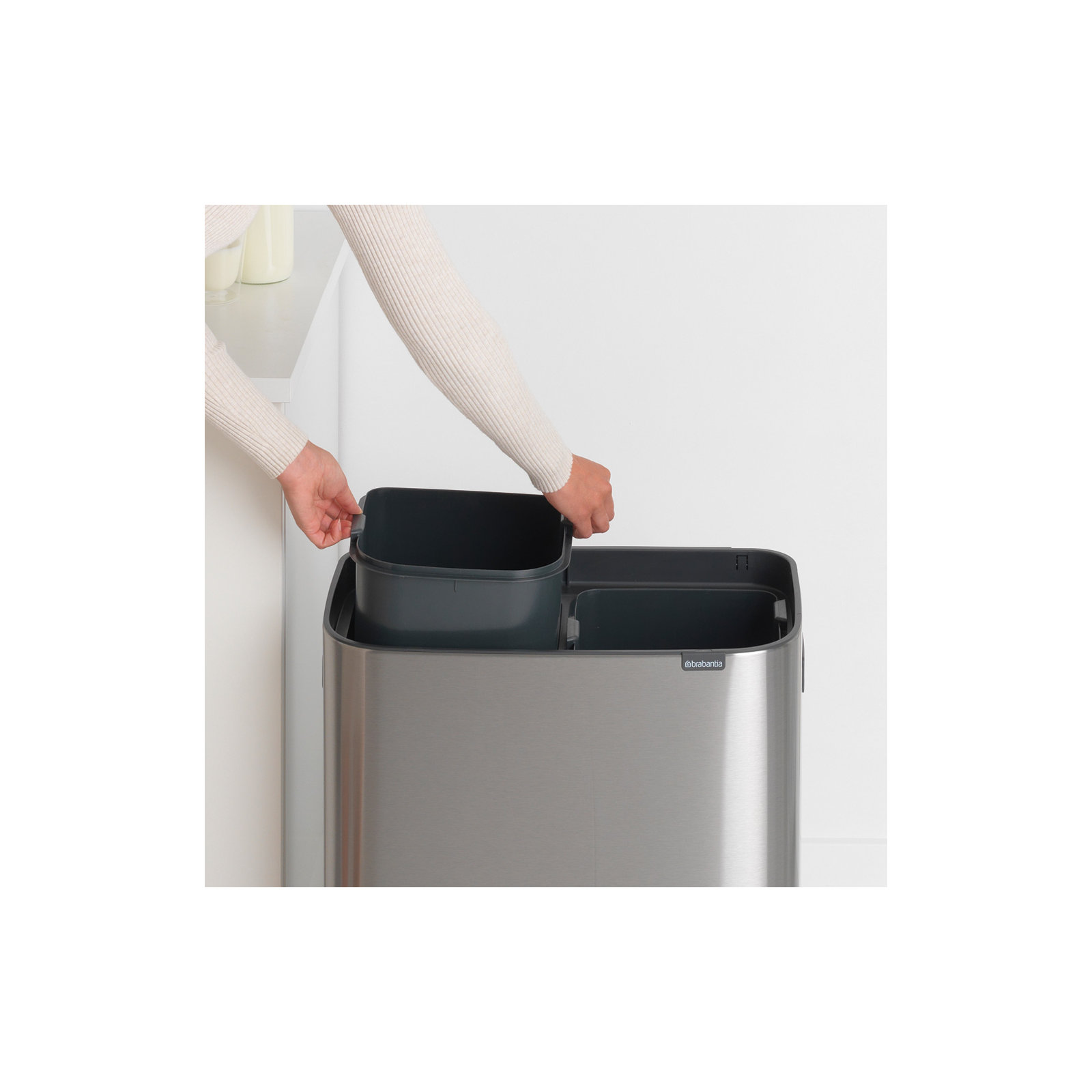 Brabantia Bo Touch Top Dual Compartment Recycling Trash Can, 2 x 8 Gallon (16 Gallon Capacity), Matte Steel Fingerprint Proof