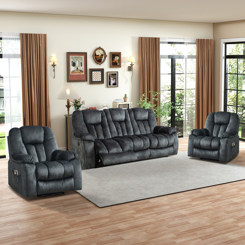 Quiteris 3-Piece  Microsuede Upholstery Mannual Reclining Living Room Set with Cupholders, Charcoal Gray